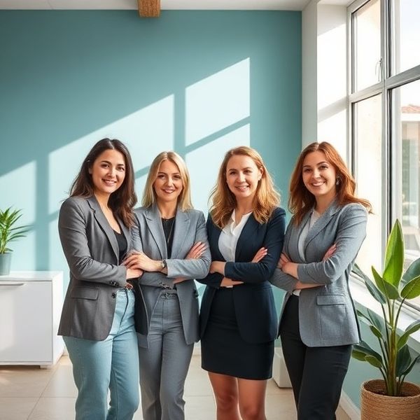 Portret četveročlanog tima Studija Horvat u svijetlom uredu na hrvatskoj obali